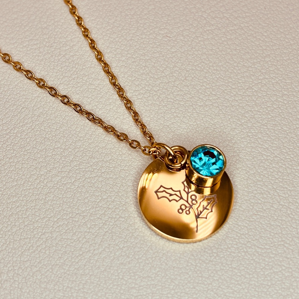 March Birth Blue CZ Minimalist 
Flower Engraved Coin Dainty Necklace